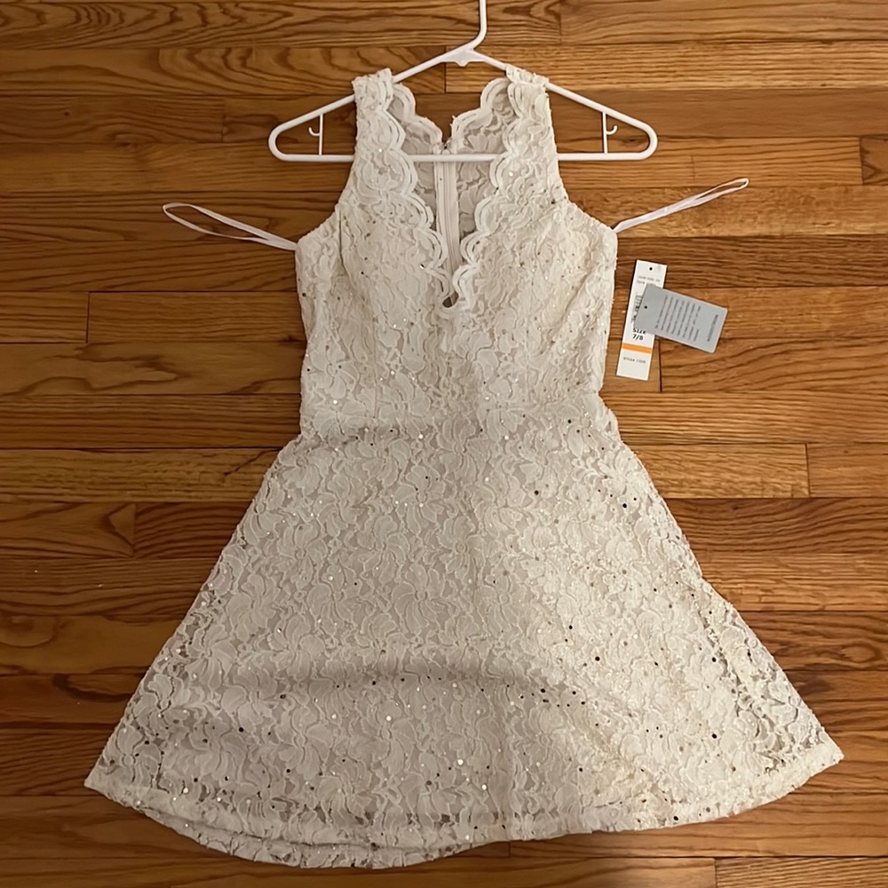 Sparkly white lace mini dress